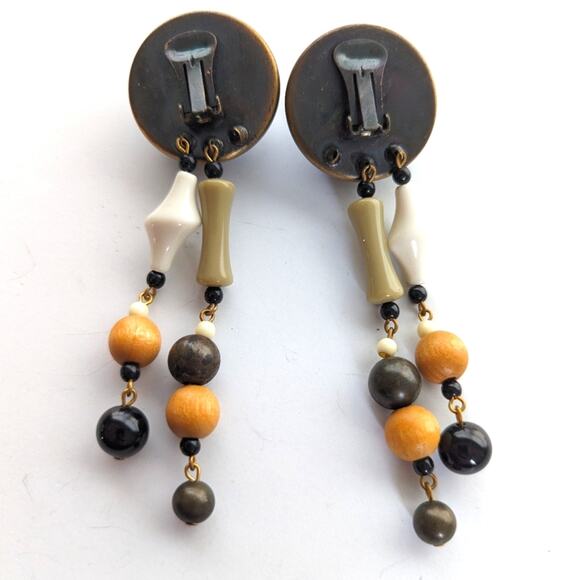 Chunky Wooden Mixed Media Beaded Statement Button Style Dangle Clip On Earrings - Picture 2 of 3
